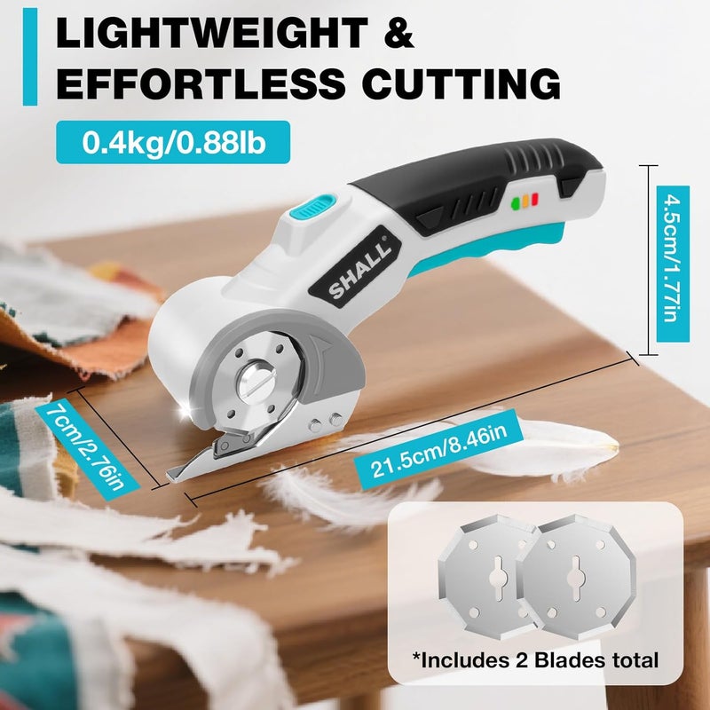 SHALL 4V Cordless Electric Scissors, Rechargeable Cardboard Cutter Rotary Electric Box Cutter w/Safety Lock, LED Light & Replacement Blade for Fabric, Leather, Carpet, Cardboard & Plastic, White/Blue - Image 4